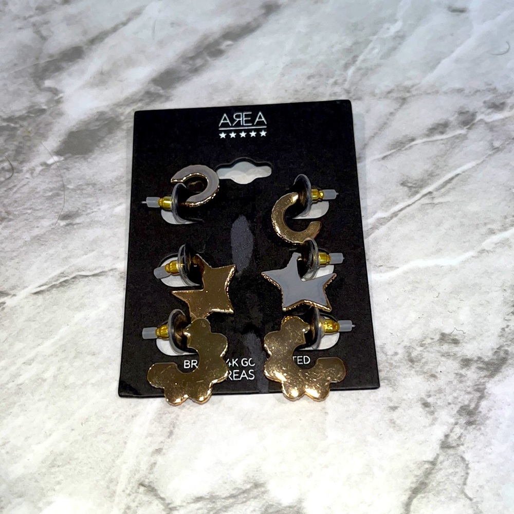 NEW Area brass 14k gold plated earring set of 3